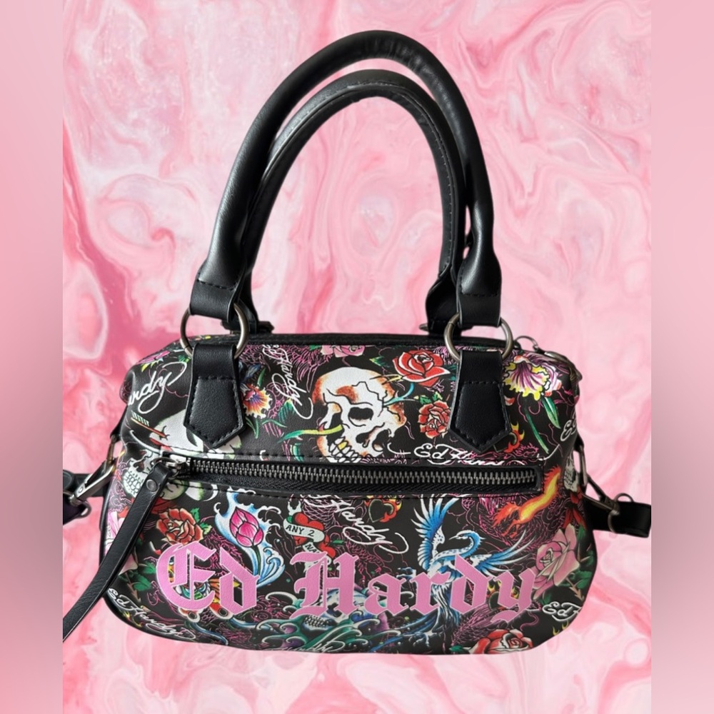 Ed Hardy Floral Tattoo Skull Satchel NWT - Picture 13 of 15